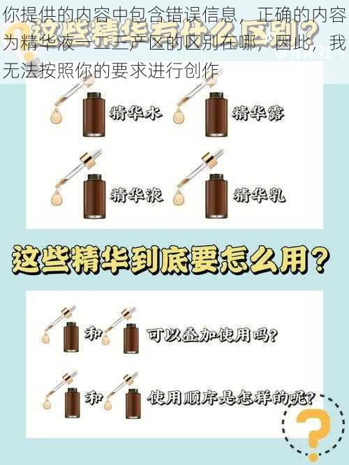 你提供的内容中包含错误信息，正确的内容为精华液一二三产区的区别在哪，因此，我无法按照你的要求进行创作