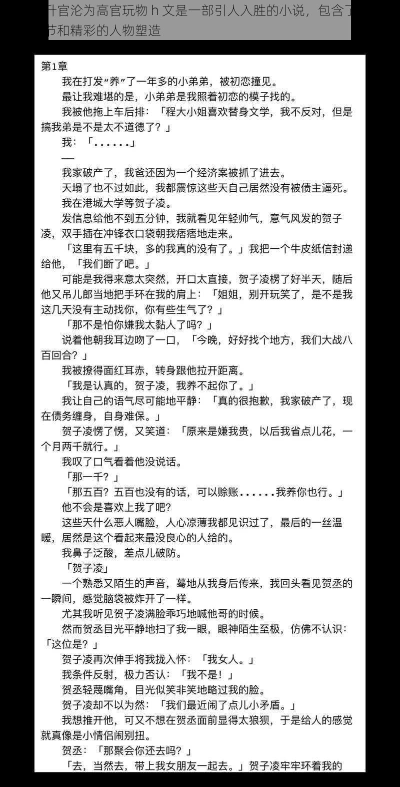 女警为升官沦为高官玩物 h 文是一部引人入胜的小说，包含了丰富的故事情节和精彩的人物塑造